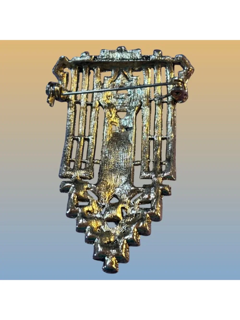 Art Deco Gold Brooch Pin With Black & Clear Rhinestones Vintage Statement Gift
